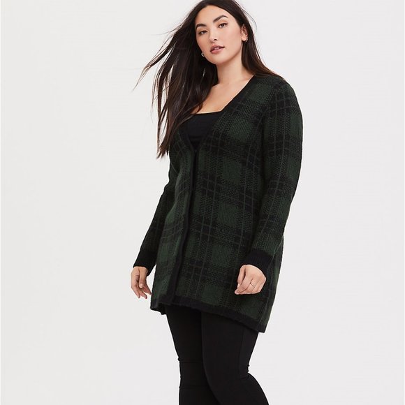 Torrid Green & Black Plaid Open Front Cardigan - Picture 1 of 7